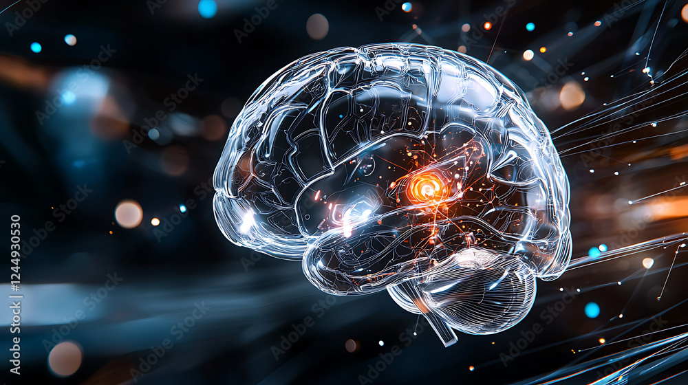 Poster exploring neural innovations brain visualization digital landscape 3d animation futuristic environme