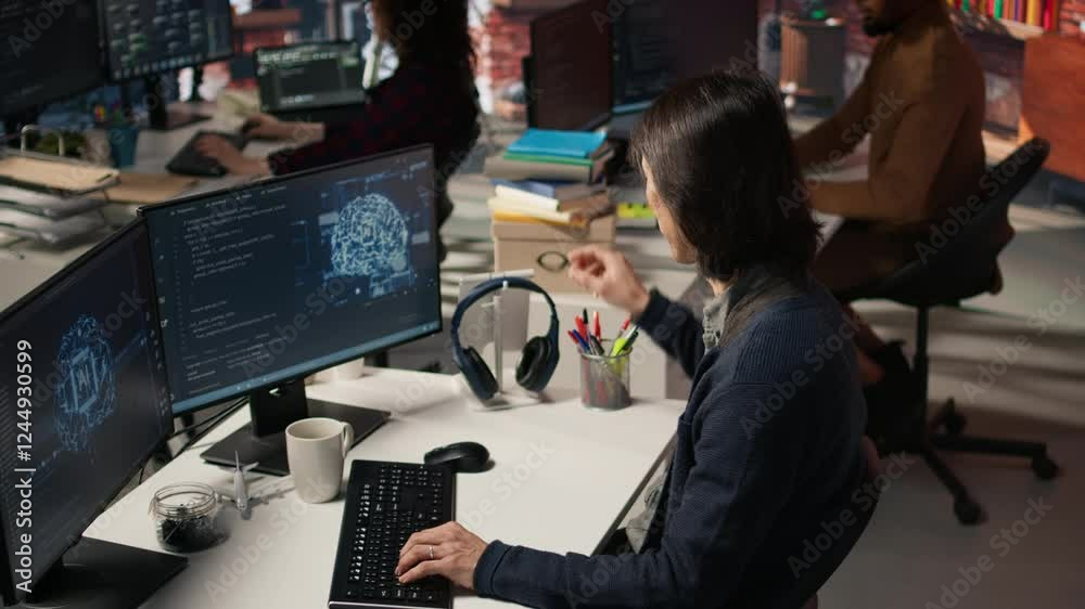 Poster senior programmer in ai startup office putting on headphones, refining machine learning models to en