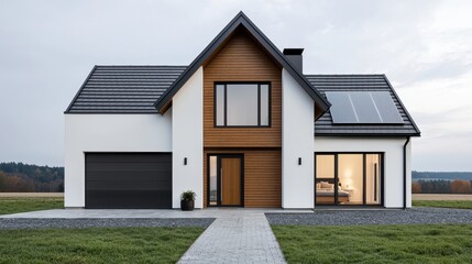 Modern House with Solar Panels and Landscaped Yard