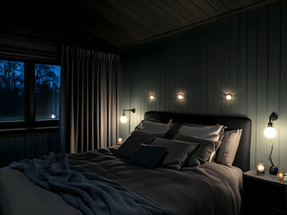 Dark and Moody Bedroom Interior Design with Soft Lighting at Night Creates a Tranquil Atmosphere