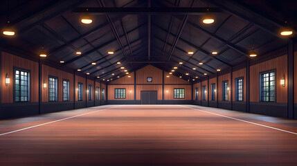 Empty Indoor Sports Hall with Wooden Floor and Lighting Fixtures Brightly Illuminating the Space.