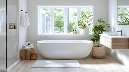 Fototapeta premium Modern minimalist bathroom design, natural light, plants