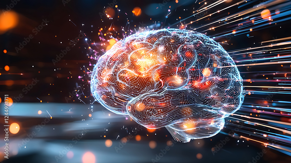 Poster dynamic brain visualization digital space abstract art futuristic environment close-up view cognitiv