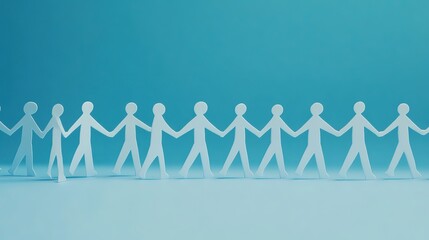 Row of Paper People Holding Hands on Blue Background. Emphasizing Unity and Connection in a Harmonious Setting