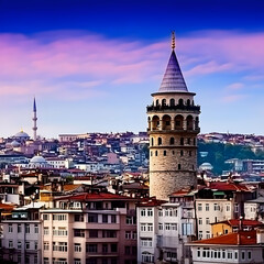 Fototapeta premium Majestic Tower Stands Tall Over Cityscape at Sunset, with Colorful Sky