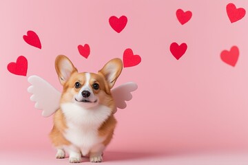  Adorable Pembroke Welsh Corgi with angel wings sitting against a pastel pink background, surrounded by floating red hearts. A joyful symbol of love and devotion for Valentine's Day.