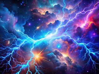 Energetic cosmic lightning ignites a vibrant galaxy, a digital nebula painting bursting with celestial color.