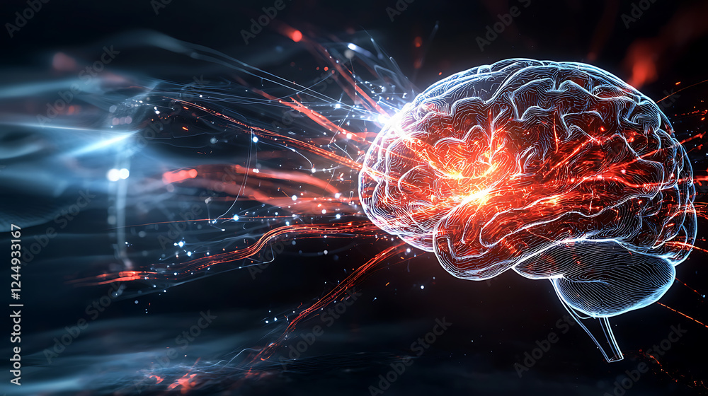 Poster exploring neural connections brain activity visualization science lab digital art abstract high-tech