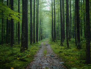 Obraz premium Enchanted Forest Path: Misty Green Trees, Nature Trail, Serenity