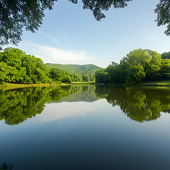 Fototapeta premium Serene Lake Reflects Lush Green Forest and Blue Sky on a Calm Day