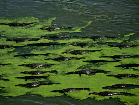 Alligators bask in the sun amidst green algae in a river, creating a captivating scene.