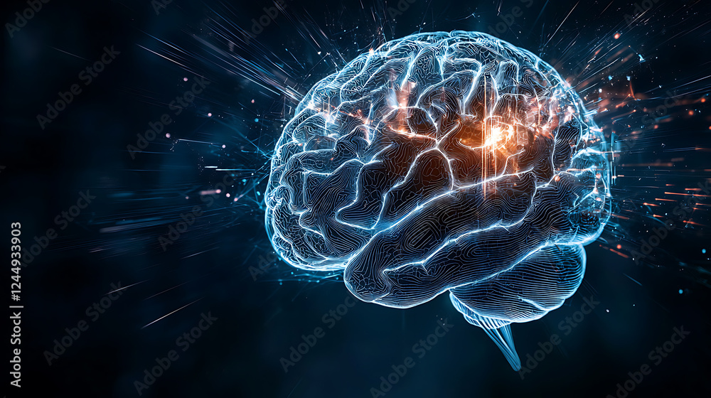 Poster exploring neural connections in digital brain visualization virtual space infographic abstract close