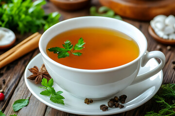 Herbal teacup, spices, wood table, kitchen, wellness
