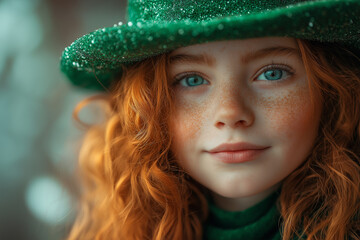 Fototapeta premium Beautiful Irish red-haired girl in sparkling green hat, celebrating St. Patrick’s Day with freckles, blue eyes, festive outfit, magical charm, cultural tradition, and happiness.
