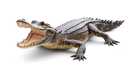 Fototapeta premium A Close-Up of a Young Alligator with its Jaws Open, Isolated on a White Background