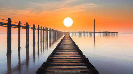 Fototapeta premium Wooden pier stretches across calm water towards a large, setting sun during a serene sunset.