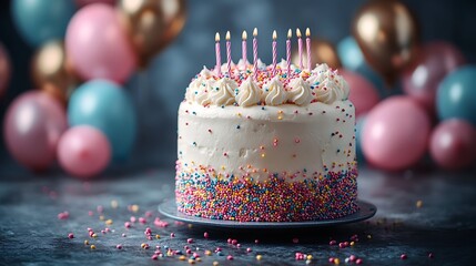 A birthday cake with a fun and quirky design, topped with rainbow sprinkles and surrounded by metallic balloons in the background