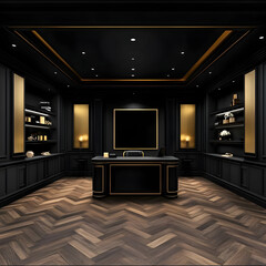 Luxurious Black and Gold Home Office Interior Design with Herringbone Flooring
