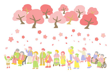 横並びの多世代の人々と桜[お花見]のフラットなイラスト（セット）
