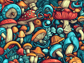 Colorful Mushrooms Pattern Creates a Whimsical and Detailed Illustration with Vibrant Colors