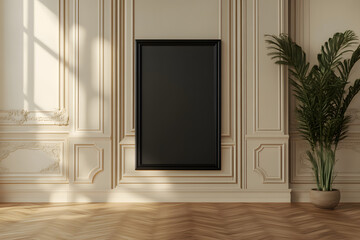 Fototapeta premium A Beautiful Room with Elegant Wall and Empty Frame Beside Lush Greenery