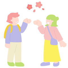 桜[お花見]を楽しむ手のひらを上に向けた男女のフラットなイラスト
