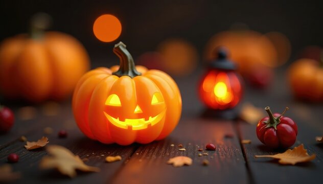 Petite citrouille jaune ?clair?e par de minuscules lanternes cerises, Halloween pumpkin, autumn decor