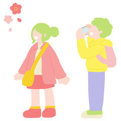 桜[お花見]を撮影する男性と見上げる女性のフラットなイラスト
