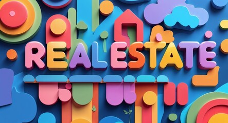 real estate word cute retro colorful lettering in abstract background