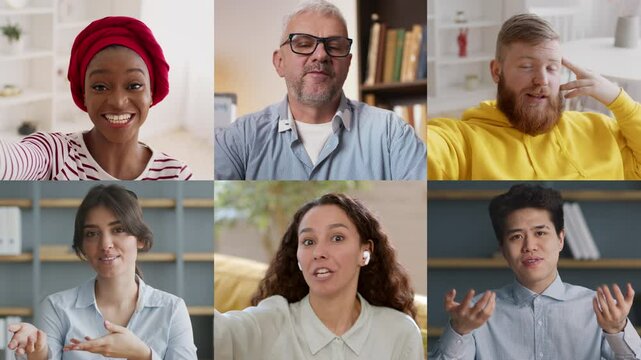 Six multiracial people from different backgrounds communicate enthusiastically during an online video call from their respective locations.