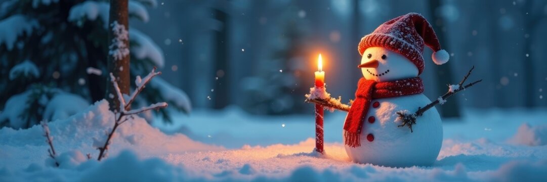 Snowman with candle in front of a snow-covered tree, candle, wintery, snowcovered