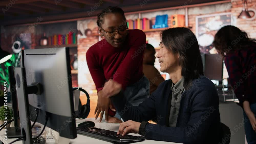 Poster programmer coming to ai startup office cto manager desk to request help. employee asks questions to 