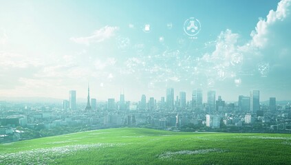 Smart City Skyline Overlooking Lush Green Field