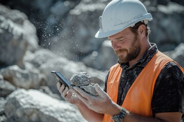 Quarry Worker Examining Rock Sample Using Smartphone