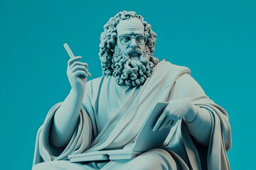 Obraz premium 3D Rendered Statue of a Bearded Man Holding a Stylus and Book on a Turquoise Background