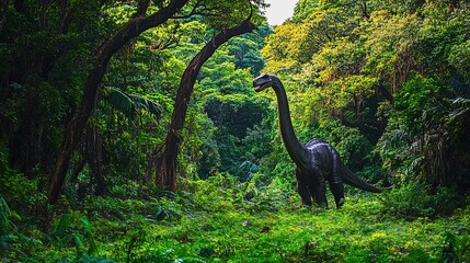 Brachiosaurus in Deep Green Forest. Majestic Dinosaur in Its Natural Habitat