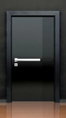 Modern Black Door with Silver Handle Stands Elegantly on Polished Wooden Floor Against Dark Wall