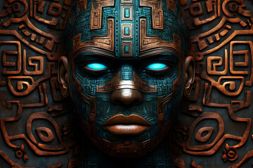 Futuristic Tribal Woman with Glowing Eyes and Intricate Metallic Design