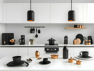 Modern Minimalist Kitchen Interior Design Showcases Black and Copper Accents with Utensils Perfectly.
