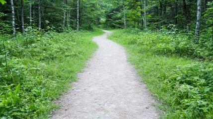 Winding forest path, summer sunlight, green foliage, peaceful nature scene, hiking trail