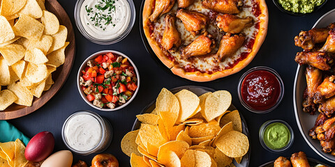 Game day food spread with wings, chips, and dips