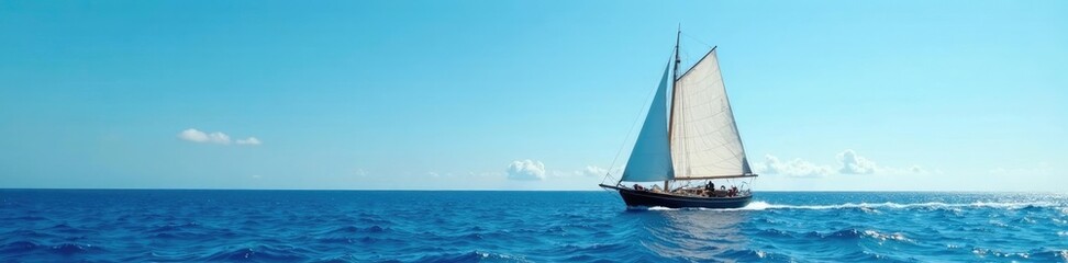 Fototapeta premium Vessel sails in blue open sea with white foam, ships, vessel