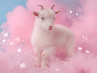A fluffy white goat surrounded by soft pink clouds and floating translucent bubbles. A fairytale-inspired Valentine’s Day theme with a touch of magic.
