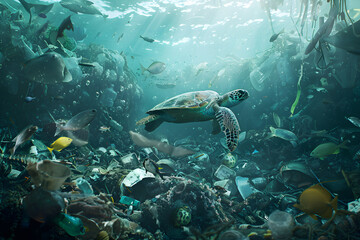 Fototapeta premium Underwater Havoc: Unmasking the Harrowing Impact of Plastic Pollution on Marine Life