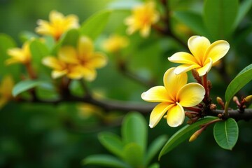 Blooming yellow frangipani tree with lush foliage and branches, greenery, foliage, plumeria