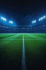 Professional wide-angle cricket stadium at night, illuminated by floodlights with an empty green grass field, perfect for sports advertisements.