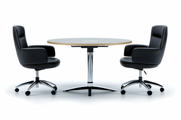 Obraz premium Two Black Office Chairs and a Round Table on a White Background Create a Minimalist Office Scene