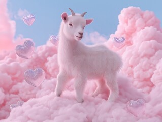 A fluffy white goat standing in a dreamy pastel pink cloud, surrounded by floating heart-shaped bubbles. A whimsical and magical Valentine's Day fantasy.
