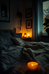 A cozy bedroom scene featuring a soft bed, warm candles, and plants, creating a tranquil atmosphere perfect for relaxation and unwinding in the evening.