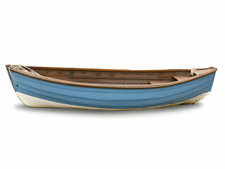 Small Wooden Boat Rests on a White Background, Showcasing Its Blue and Brown Hull